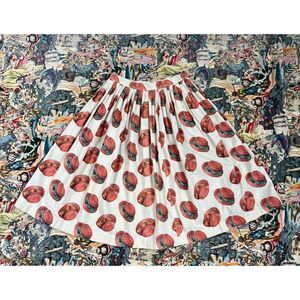 Vtg 1950s White Cotton Skirt XS Novelty Print Pink Boater Hats 25 Waist